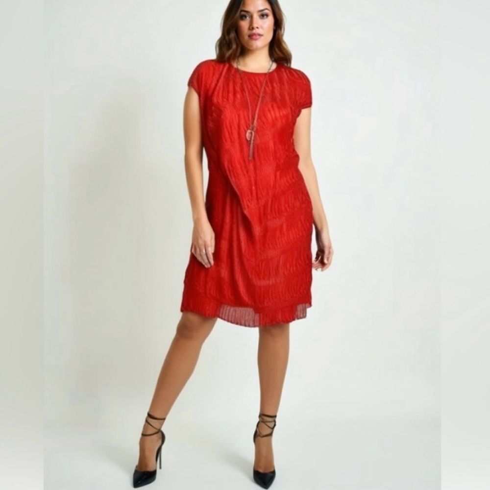 Zara Red Crinkle, Draped Front Dress - M